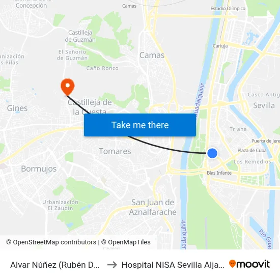 Alvar Núñez (Rubén Dario) to Hospital NISA Sevilla Aljarafe map