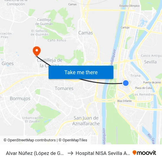 Alvar Núñez (López de Gomara) to Hospital NISA Sevilla Aljarafe map