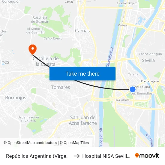 República Argentina (Virgen de África) to Hospital NISA Sevilla Aljarafe map