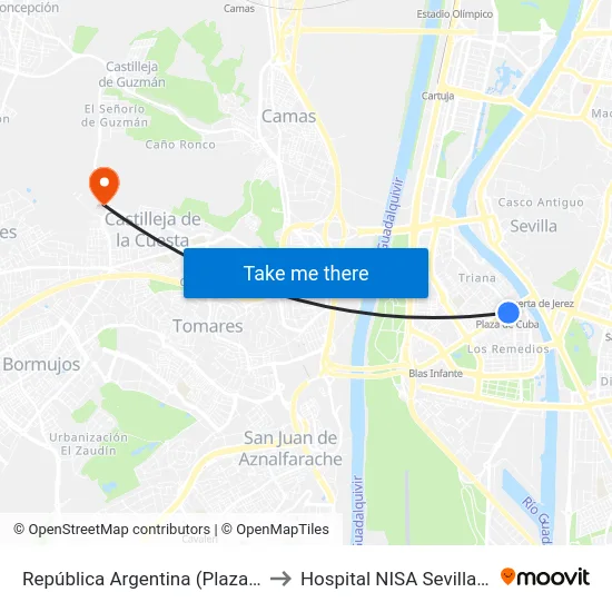 República Argentina (Plaza de Cuba) to Hospital NISA Sevilla Aljarafe map