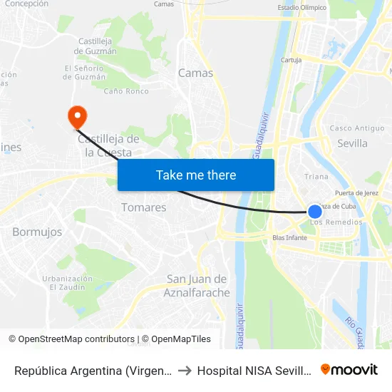 República Argentina (Virgen de Fátima) to Hospital NISA Sevilla Aljarafe map