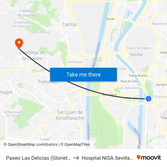 Paseo Las Delicias (Glorieta Méjico) to Hospital NISA Sevilla Aljarafe map