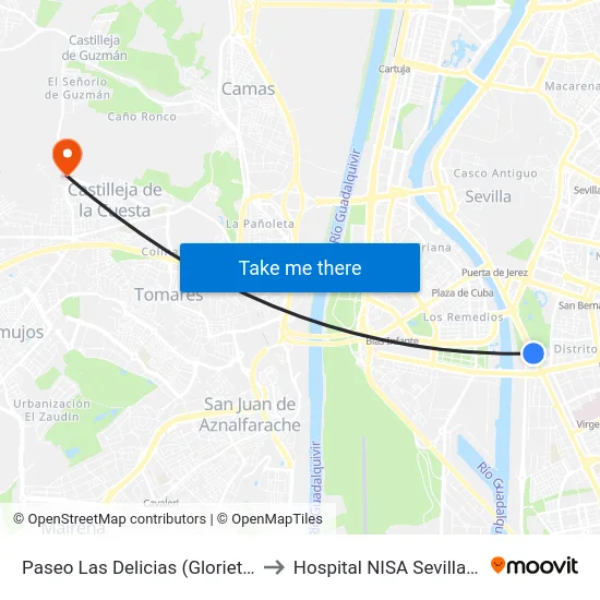 Paseo Las Delicias (Glorieta Méjico) to Hospital NISA Sevilla Aljarafe map
