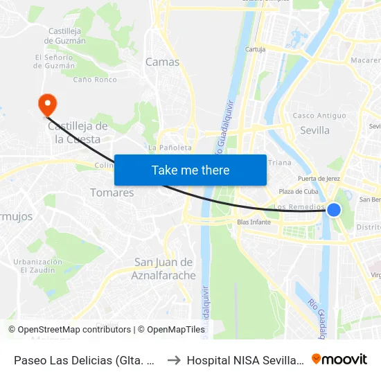 Paseo Las Delicias (Glta. Marineros) to Hospital NISA Sevilla Aljarafe map