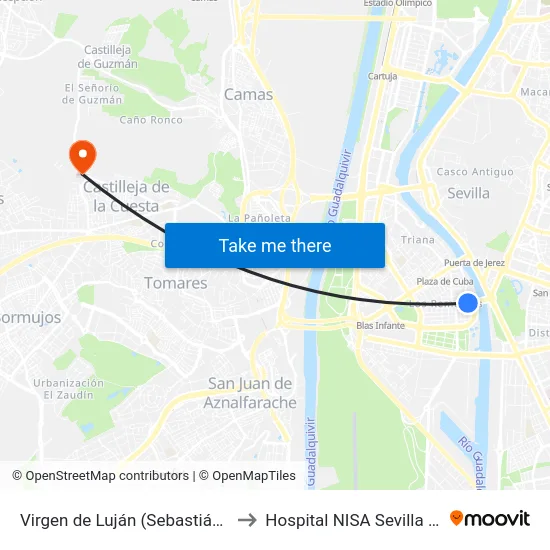 Virgen de Luján (Sebastián Elcano) to Hospital NISA Sevilla Aljarafe map