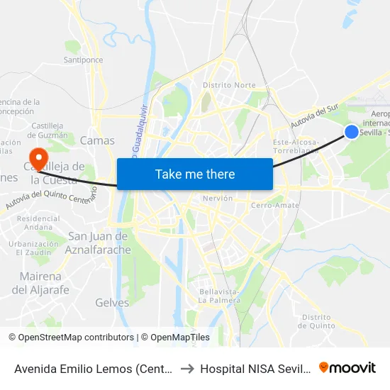 Avenida Emilio Lemos (Centro Comercial) to Hospital NISA Sevilla Aljarafe map
