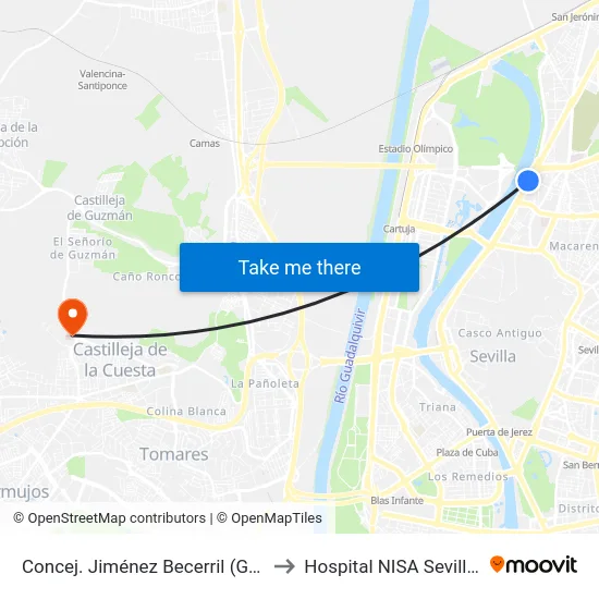 Concej. Jiménez Becerril (Gta. Olimpica) to Hospital NISA Sevilla Aljarafe map