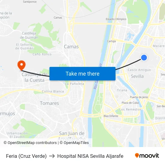 Feria (Cruz Verde) to Hospital NISA Sevilla Aljarafe map