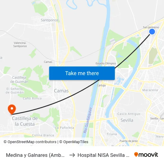 Medina y Galnares (Ambulatorio) to Hospital NISA Sevilla Aljarafe map