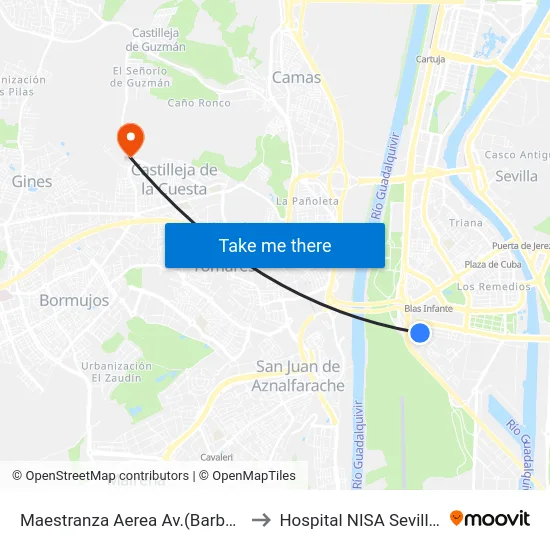 Maestranza Aerea Av.(Barberan y Collar) to Hospital NISA Sevilla Aljarafe map