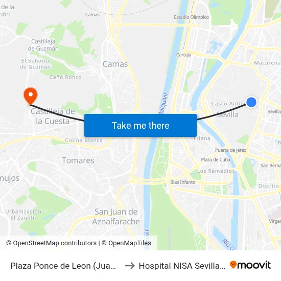 Plaza Ponce de Leon (Juan de Mesa) to Hospital NISA Sevilla Aljarafe map