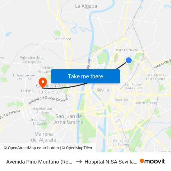 Avenida Pino Montano (Ronda Norte) to Hospital NISA Sevilla Aljarafe map
