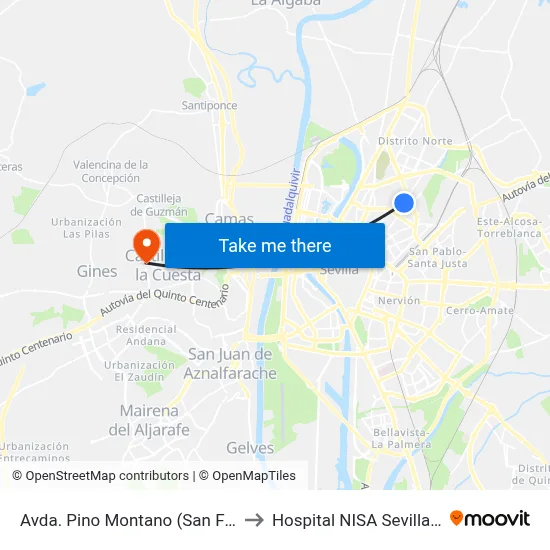 Avda. Pino Montano (San Felipe Neri) to Hospital NISA Sevilla Aljarafe map