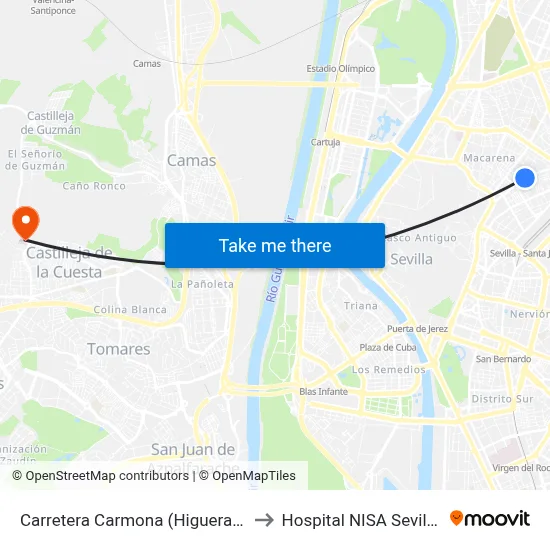 Carretera Carmona (Higuera de La Sierra) to Hospital NISA Sevilla Aljarafe map