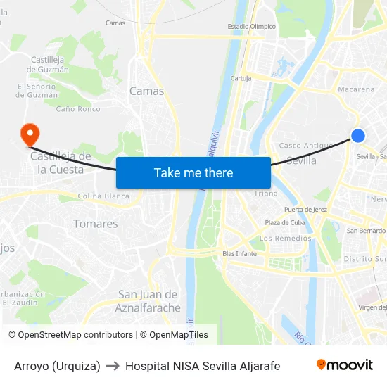Arroyo (Urquiza) to Hospital NISA Sevilla Aljarafe map