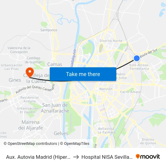 Aux. Autovia Madrid (Hipermercado) to Hospital NISA Sevilla Aljarafe map
