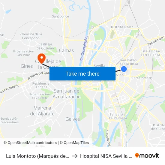 Luis Montoto (Marqués de Nervión) to Hospital NISA Sevilla Aljarafe map