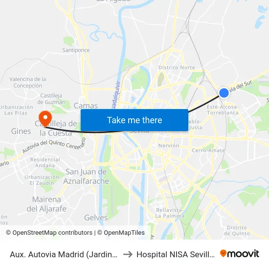 Aux. Autovia Madrid (Jardines Del Edén) to Hospital NISA Sevilla Aljarafe map