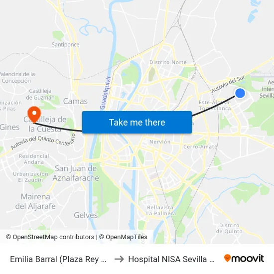 Emilia Barral (Plaza Rey Aurelio) to Hospital NISA Sevilla Aljarafe map