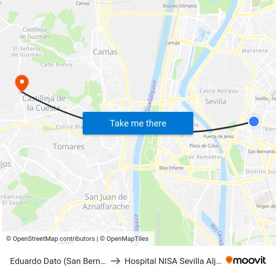 Eduardo Dato (San Bernardo) to Hospital NISA Sevilla Aljarafe map