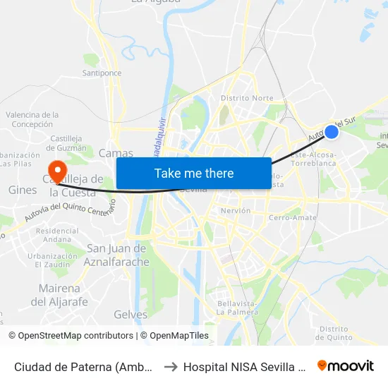 Ciudad de Paterna (Ambulatorio) to Hospital NISA Sevilla Aljarafe map
