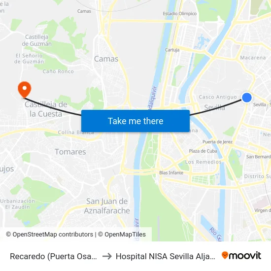 Recaredo (Puerta Osario) to Hospital NISA Sevilla Aljarafe map