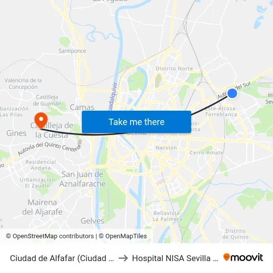 Ciudad de Alfafar (Ciudad de Oliva) to Hospital NISA Sevilla Aljarafe map