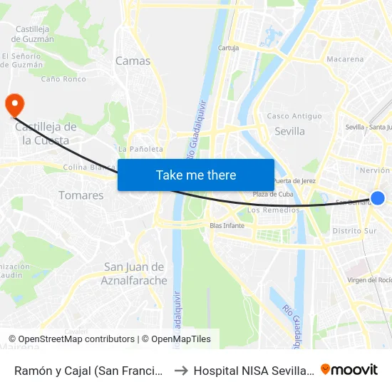 Ramón y Cajal (San Francisco Javier) to Hospital NISA Sevilla Aljarafe map