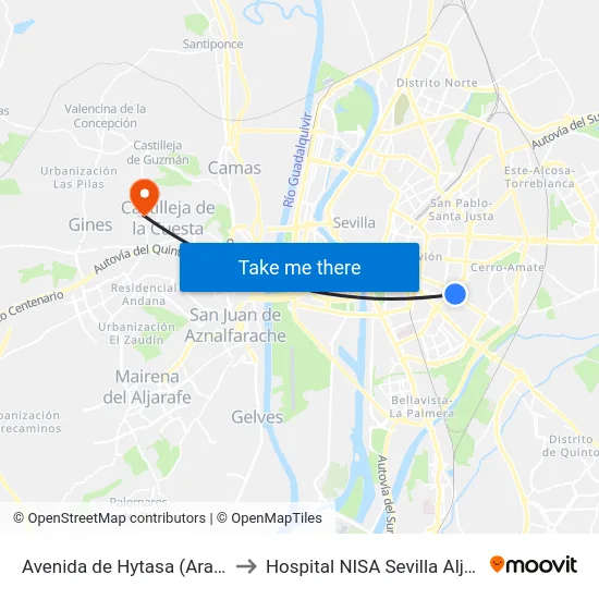 Avenida de Hytasa (Aragón) to Hospital NISA Sevilla Aljarafe map