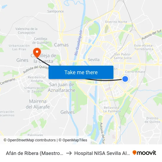 Afán de Ribera (Maestro Falla) to Hospital NISA Sevilla Aljarafe map