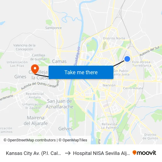 Kansas City  Av. (P.I. Calonge) to Hospital NISA Sevilla Aljarafe map