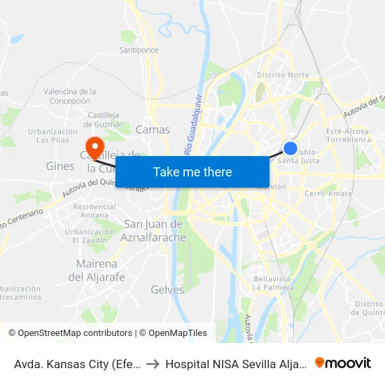 Avda. Kansas City (Efeso) to Hospital NISA Sevilla Aljarafe map