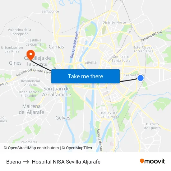 Baena to Hospital NISA Sevilla Aljarafe map