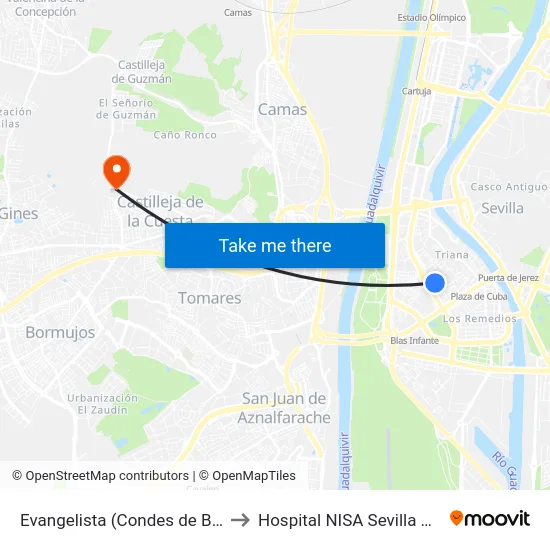 Evangelista (Condes de Bustillo) to Hospital NISA Sevilla Aljarafe map