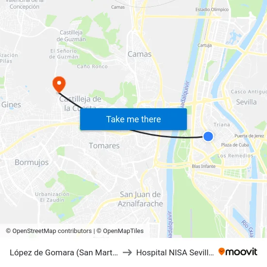 López de Gomara (San Martín de Porres) to Hospital NISA Sevilla Aljarafe map