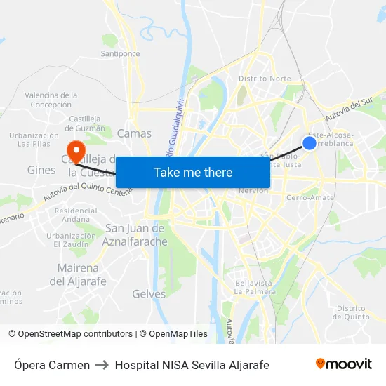 Ópera Carmen to Hospital NISA Sevilla Aljarafe map