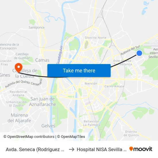 Avda. Seneca (Rodriguez Castillejo) to Hospital NISA Sevilla Aljarafe map