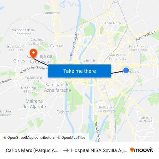 Carlos Marx (Parque Amate) to Hospital NISA Sevilla Aljarafe map