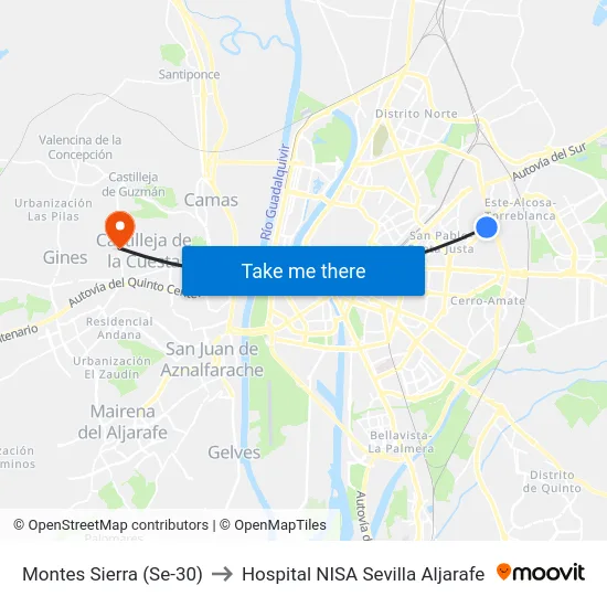 Montes Sierra (Se-30) to Hospital NISA Sevilla Aljarafe map