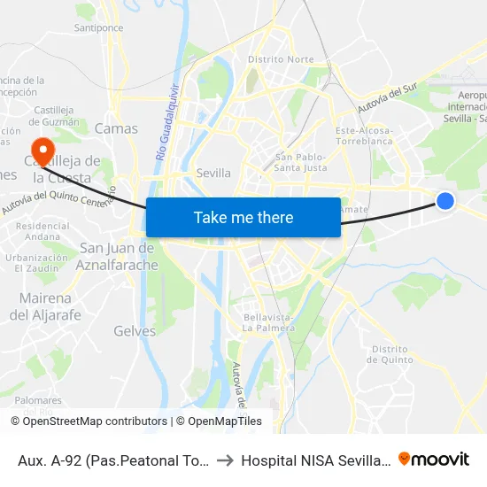 Aux. A-92 (Pas.Peatonal Torreblanca) to Hospital NISA Sevilla Aljarafe map