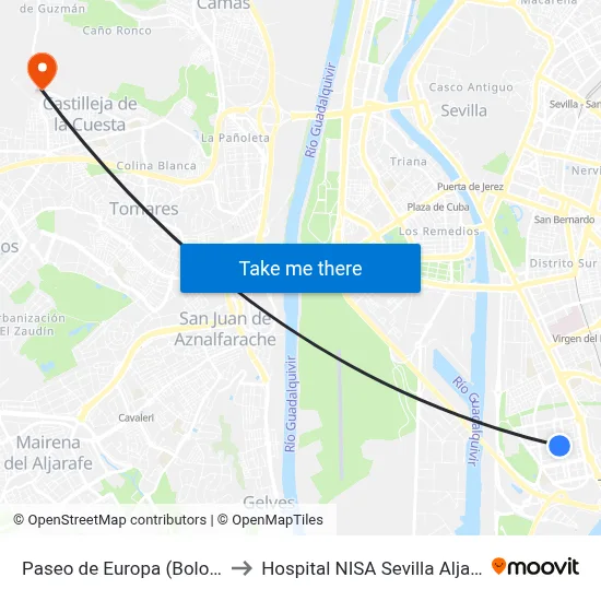 Paseo de Europa (Bolonia) to Hospital NISA Sevilla Aljarafe map