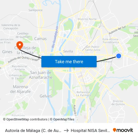 Autovía de Málaga (C. de Automovilismo) to Hospital NISA Sevilla Aljarafe map
