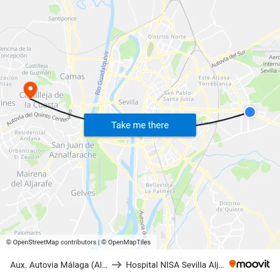 Aux. Autovia Málaga (Alanís) to Hospital NISA Sevilla Aljarafe map