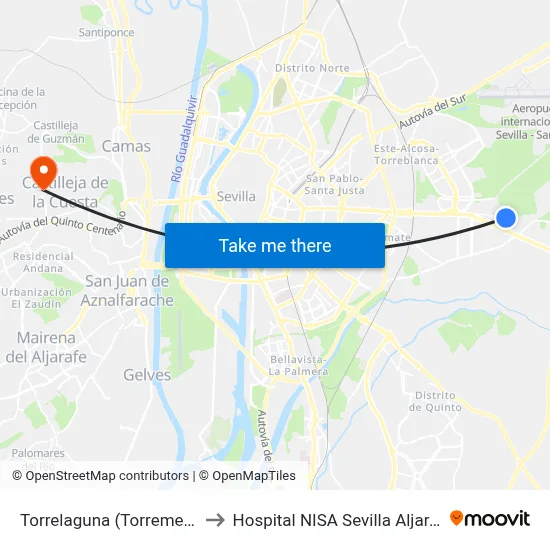 Torrelaguna (Torremejia) to Hospital NISA Sevilla Aljarafe map