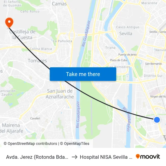 Avda. Jerez (Rotonda Bda. Elcano) to Hospital NISA Sevilla Aljarafe map