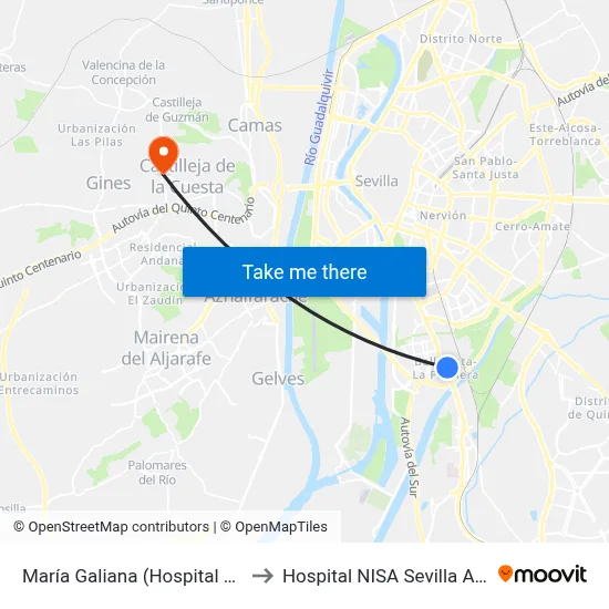 María Galiana (Hospital Militar) to Hospital NISA Sevilla Aljarafe map