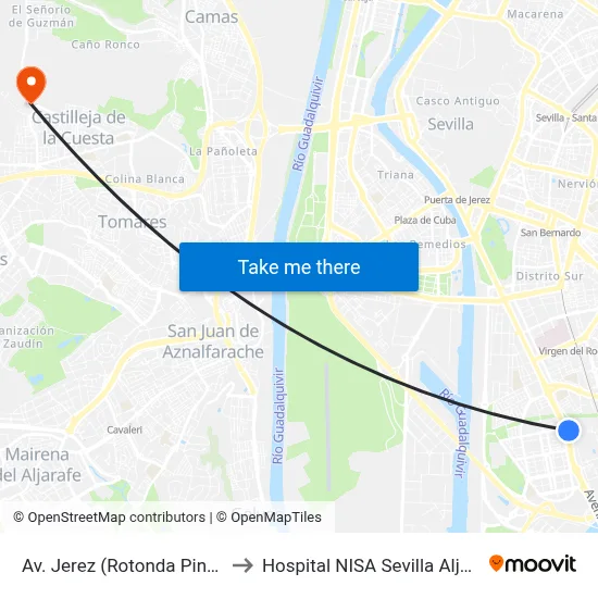 Av. Jerez (Rotonda Pineda) to Hospital NISA Sevilla Aljarafe map