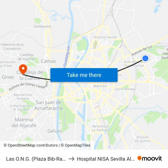 Las O.N.G. (Plaza Bib-Rambla) to Hospital NISA Sevilla Aljarafe map