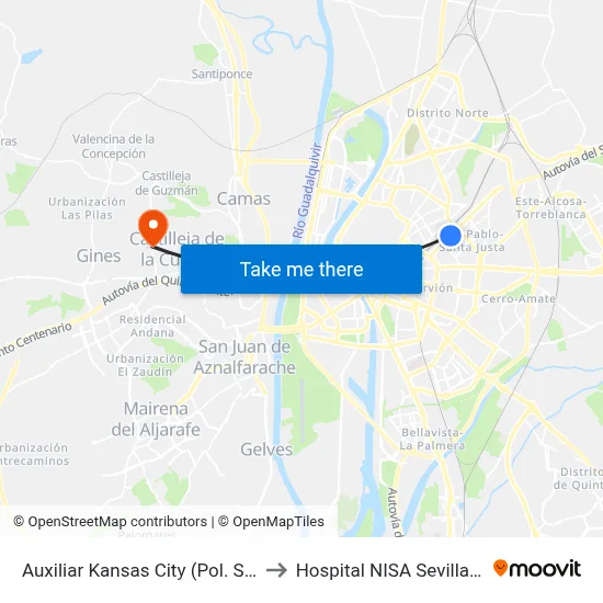 Auxiliar Kansas City (Pol. San Pablo) to Hospital NISA Sevilla Aljarafe map