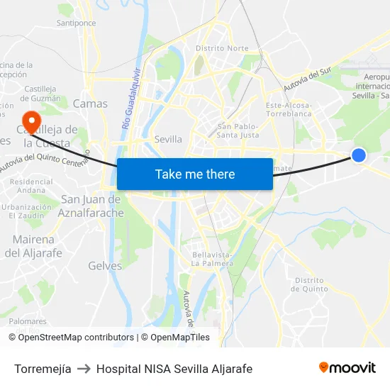 Torremejía to Hospital NISA Sevilla Aljarafe map